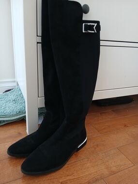 Calvin Klein Black Knee-High Boots with Buckle Accent